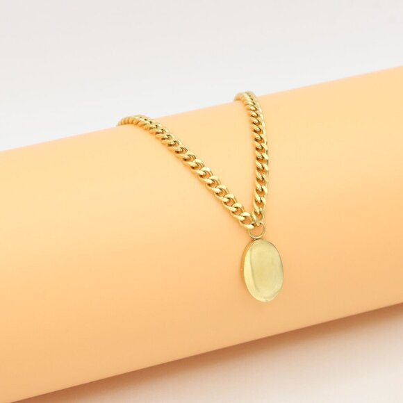 Chic Dual Chain Yellow Necklace with Polished Oval Pendant Charm, XPNL0366 - Picture 10 of 13